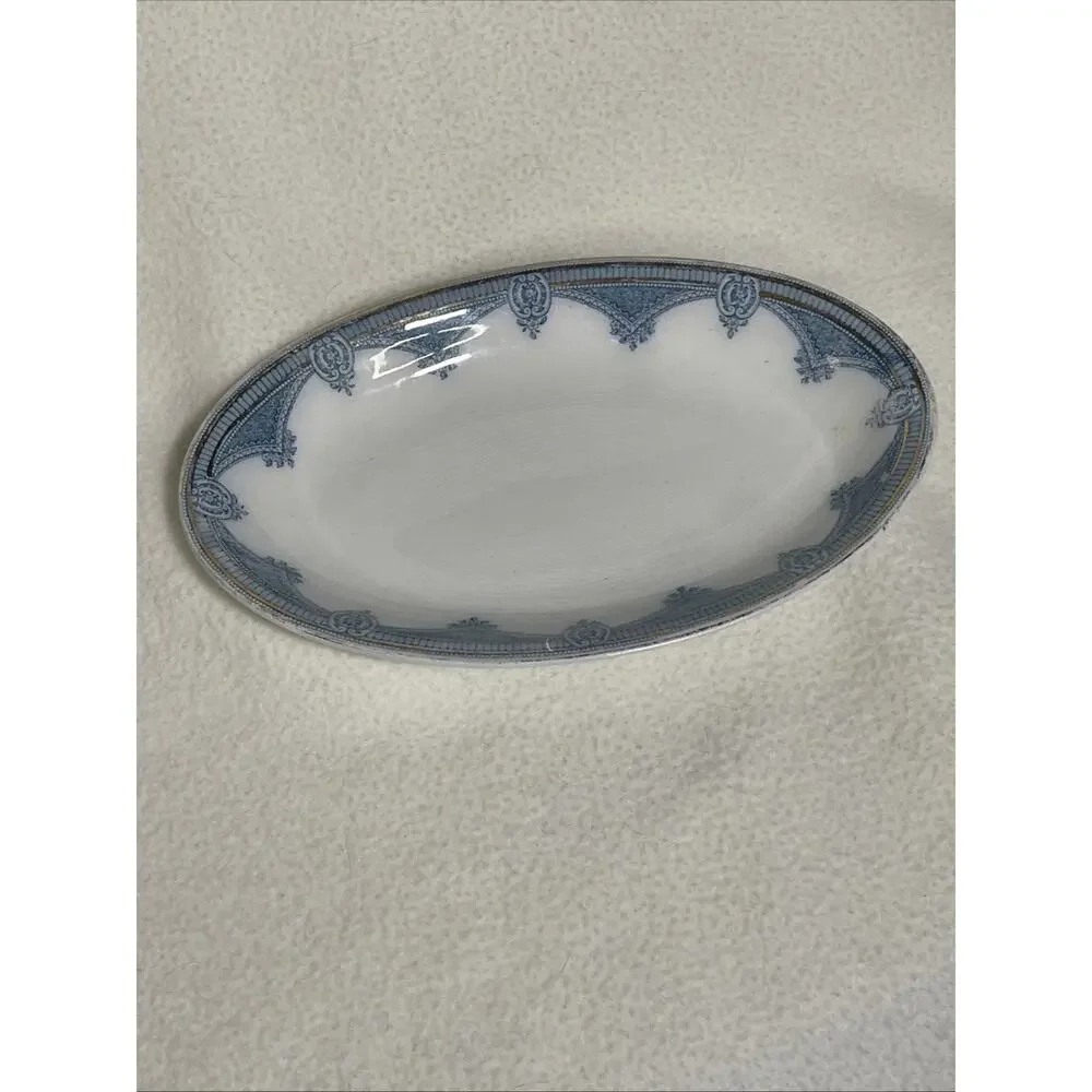 J & G Meakin Ipswich Gravy Boat and Plate - Blue, White and Gold Hanley, England